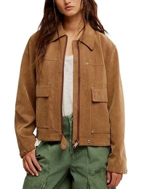 Free People Blair Vegan Suede Moto Trucker Shacket Cargo Utility Jacket Brown L